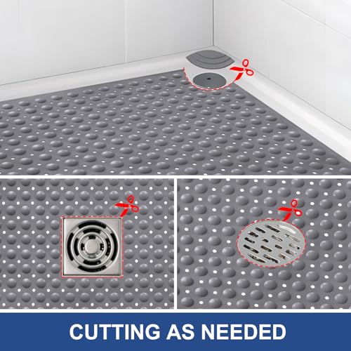 Square Shower Mat Non Slip: 32" x 32" Large Shower Mats for Inside Shower - Soft TPE Cuttable Anti Slip Shower Floor Mat with Drain Holes and Suction Cups - color: Dark Gray