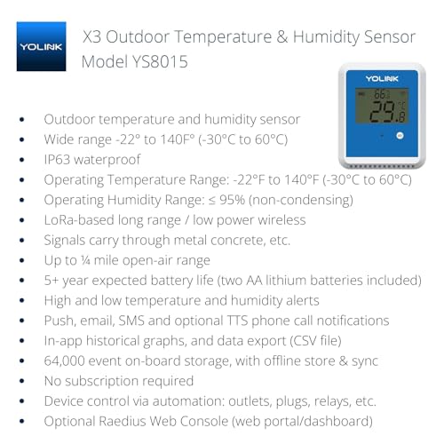 YoLink X3 Outdoor Temperature and Humidity Sensor with Data Logger, Thermometer, 1/4 Mile Range, 5+ Years Battery Life, Emails, Text, App Alerts, Alexa, IFTTT. Hub Required!