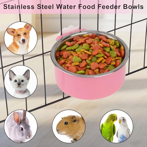Dog Crate Water Bowl No Spill Removable Hanging Bowls, Pink | Stainless steel + plastic 2-in-1, twist-lock easy install, detachable easy clean, for small dogs/cats/rabbits/guinea pigs - color: Pink