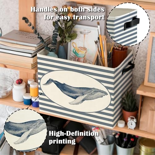 Coastal Beach Whale Storage Bins Box with Handles, Blue Striped Beachy Ocean Whale Marine Biology Collapsible Basket Organizer for Bedroom Bathroom Books Clothes - color: Color09