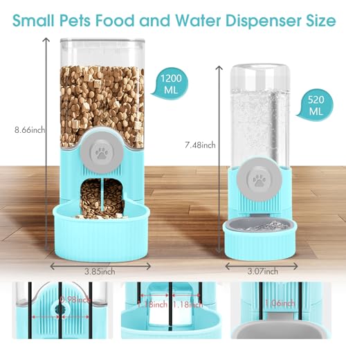 Hanging Cage Auto Small Pet Feeder Waterer Set for Puppy Cats, Blue | 1.2L Self-Feeding Feeder, 0.52L Waterer Set, Non-Spill Auto Gravity Kennel Feeding Station For Puppy Cats Rabbit Ferret - color: Sky Blue