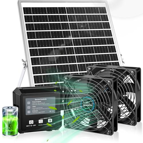 Solar-Powered Chicken Coop Exhaust Fan with Battery & Smart Sensing – 25W Solar Panel, 2 * 4.7" Fans, 3 Modes, IP65 Waterproof | Ideal for Chicken Coop, Dog House, Greenhouse, Outside