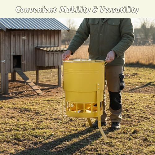 KOL Chicken Feeder No Waste for Coop & Outdoors, 16 Port 50lbs Poultry Feeder with Spill-Control Design, Rust-Proof Powder Coated Metal & Smooth Safe Edges (Yellow) - color: Yellow