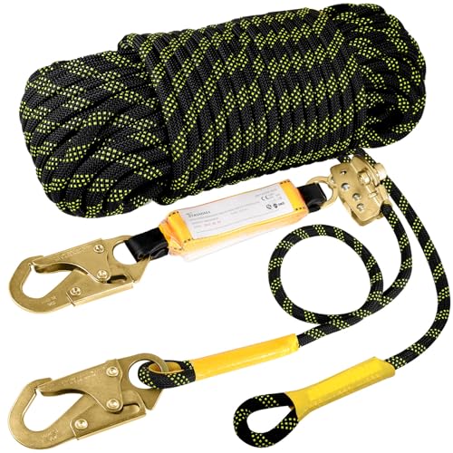 TRSMIMA Rope Harness Safety Lanyard：50ft Roofing Rope Fall Protection | Vertical Safety Harness Rope With Grab Snap Hooks Shock Absorber - Tree Climbing Line Kit Heavy Duty Safety Equipment ANSI CE - size: 50ft