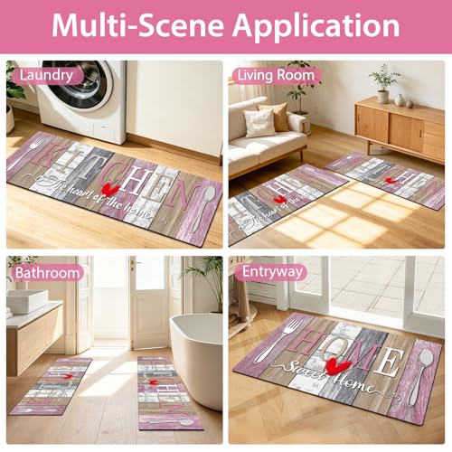 Kitchen Rugs Set 3 Piece, Non Slip Pink Kitchen Mats for Floor, Soft Fabric with Rubber Backing, Farmhouse Anti Fatigue Runners Carpet for Home Kitchen Laundry Room Hallway (Rustic Pink & Grey) - color: Rustic Pink & Grey