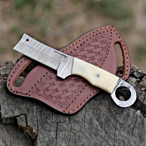 Custom Handmade 7'' fixed blade hoof rasp knife/Cow boy knife/Damascus steel Bull cutter cowboy knives with pancake leather sheath (SUSA 118) - color: SUSA 118