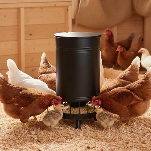 Solution4Patio 65 LB Large Chicken Feeder No-Waste, Portable Gravity Chicken Feeder Automatic, Dispenser, 16 Feeding Ports Poultry Feeder, Hen Coop (Black)
