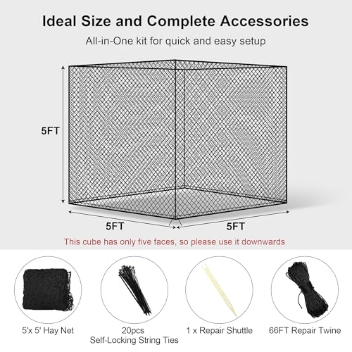 Large Round Bale Hay Net 5x5 ft for Horses, Heavy Duty Slow Feed Hay Net with Knotless Design and 1.7" Holes for Livestock Goats, Fits for Round Bales 4x4-5x5ft or Square Bales 3x3x8-4x4x8ft - style: 5*5Ft(Black)