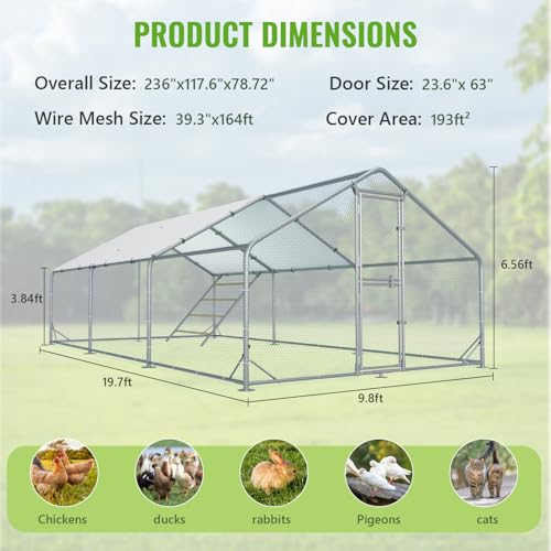 Large Metal Chicken Coop Runs for Yard with Cover, 10x20x6.5 | Perch Bars, Split Doors, Waterproof Covers, Mesh Wire - size: 236.2"L x 118.1"W x 78.7"H