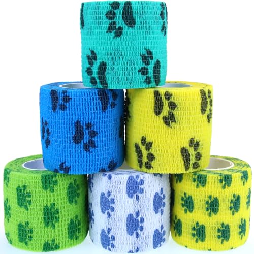 Self Adhesive Bandage Wrap Cohesive Bandage Bulk Vet Tape Self Adherent Wrap First Aid Tape for Dogs Cats Horses Birds Animals for Wrist Healing Ankle Sprain & Swelling - color: 2 Inch Cat Paw 6 Rolls