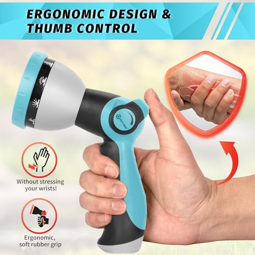 AUTOMAN Garden Hose Nozzle Sprayer - 10 Spray Patterns, High Pressure, Thumb Control On Off Valve, Metal Duty Water Nozzle, Extra 3 Washers, for Watering Garden, Cleaning, Washing Car, Showering Pets - color: Turquoise