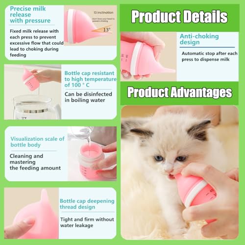 Kitten Bottles for Nursing,Puppy Bottles for Nursing Puppy Milk, Anti-Choking Puppy Feeder Design, with 2 Extra Replaceable Silicone Nipples for Convenient Replacement (Pink) - color: Pink