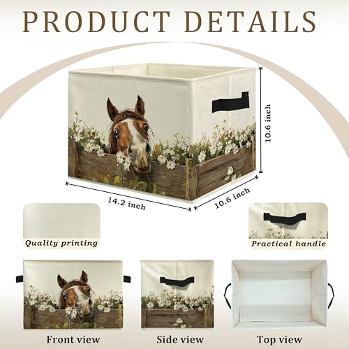 Farmhouse Daisy Horse Storage Bins Box with Handles, Rustic Cottagecore Floral Horse Collapsible Laundry Basket Hamper Clothes Books Organizer for Room Home Bedroom Bathroom - color: style 01