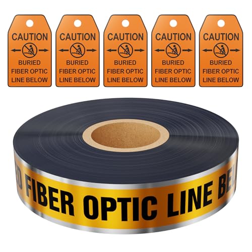 1000 Feet Caution Buried Fiber Optic Line Below Orange/Black Print Safety Tape with Above-Ground Caution Tag, 2 Inch x Foot 5 Mil, Detectable 2-Inch - style: Caution Buried Fiber Optic Line