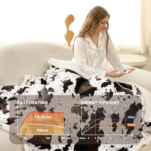 Heated Blanket Full Blanket - Fast Heating Electric Blanket, Soft Heated Throw with 4 Time Settings,10 Heating Settings, Warm Gifts for Women Mom Grandma(72" x 84" Cow Print White) - color: 01 - Black Ombre-white, size: Full 72" x 84"