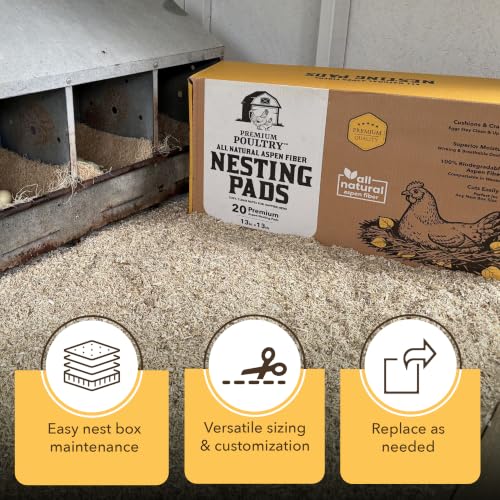 Aspen Chicken Nesting Pads, 13" x 13", 20 Pack, Made in USA | Trim-to-Fit Nest Box Liners for Chicken Coop, Excelsior Fiber, Moisture Absorbent, Cleaner Eggs & Easy Cleanup