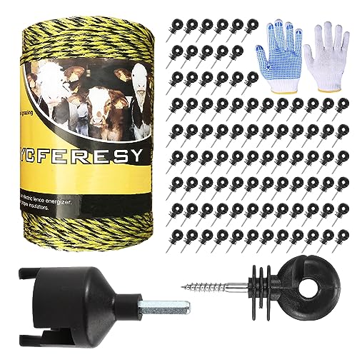 Upgraded Electric Fence Poly Wire 656 Feet 200 Meters and 100 Pcs Black Electric Fence Insulator Screw-in Insulator Fence Ring Wood Post with 1 Pcs Insulator Socket Tool - size: 656 Feet Wire/100 Insulator