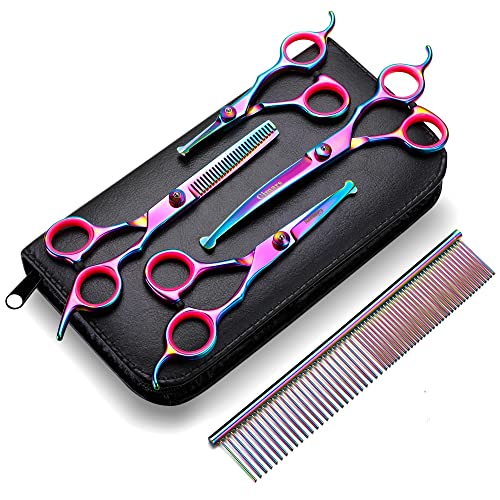 Gimars Professional 4CR Stainless Steel 6 in 1 Grooming Scissors for Dogs with Safety Round Tip, Heavy Duty Titanium Coated Pet Grooming Scissor for Dogs, Cats and Other Animals - style: Colorful 6 in 1