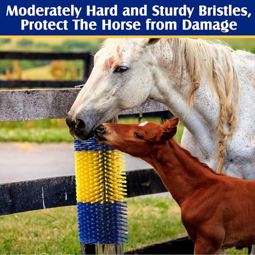 3 Pack Livestock Scratching Brush, Yellow and Blue | Animal Scratcher, Itch Relief Grooming, Horse Goat Cow Scratcher, Fence Post Mounting, Durable Bristles, Farm Livestock Care - color: Yellow and Blue