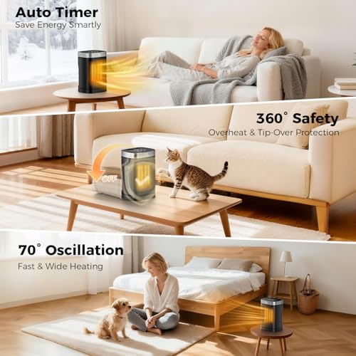 1500W Portable Space Heater for Indoor Use, Fast Heating PTC Electric Heater with 70° Oscillation, Remote Control, 1–12H Timer, Quiet Small Heater for Bedroom Home Office - size: 9.96" / 70° Oscillation