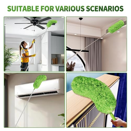 Cobweb Duster with Extension Pole, Washable Cleaning Duster Set with 2 Duster Heads, Corner Brush, 15-110-Inch Telescoping Pole for high Ceiling Fans, Long Duster for high Ceilings，Spider Web Brush