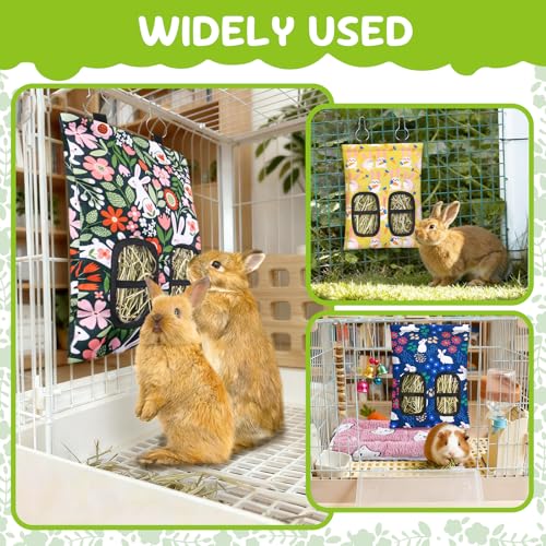 3 Pcs Rabbit Hay Feeder, 2-Hole Hanging Guinea Pig Hay Bags Washable Bunny Hay Bag for Rabbits, Chinchillas, Hamsters, Small Pets and Animals (11.8"×8.7") - color: Green,Yellow,Blue