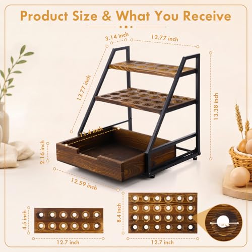 Reallnaive 3-Tier Wooden Egg Holder Countertop with Basket, Fits 36+90 Eggs, Wood Egg Collecting Rack with Carry Handle for Home Kitchen Chicken Duck Quail Eggs Storage Organizer