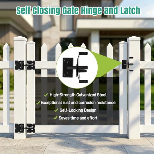 Stainless Steel Self Closing Gate Hinge and Latch Hardware Kit, Heavy Duty Self Locking Gate Hardware for Wood/Vinyl Fence Gate, 4-Pack Kit and 2-Automatic Latch
