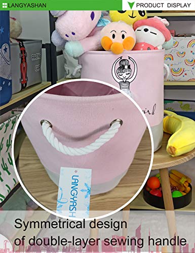 Round Thick Pink Laundry Basket Collapsible Organizer Boys Girls | Canvas Foldable Storage Hamper Sturdy Rope Handles for Household Gift Baskets Bedroom Clothes Toys Children Nursery - color: Pink