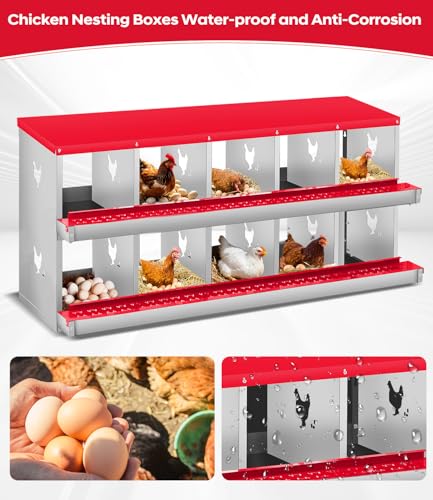 Garvee Chicken Nesting Box, 10 Compartment Metal Nesting Box | Wall Mount Chicken Nesting Boxes for Laying Eggs,Easy Egg Collection,10 Room Nest Boxes for Chickens - color: Red, size: Red 10 Compartment