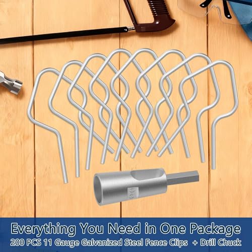 200 Pcs T Post Clips Kit, Metal Wire Fence Clip & 1 Drill Chuck, Galvanized Steel Tie Preformed T-Post Fence Clips 11 Gauge Fence Ties Fast Installation Farm Garden&Livestock Fencing T/U-Posts(Silver) - size: 200PCS