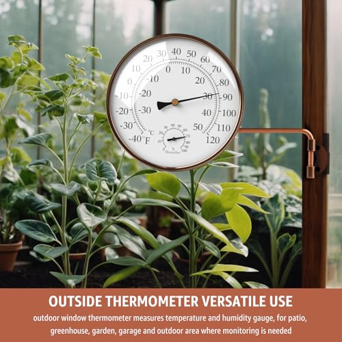 6" Brass Analog Outdoor Thermometer & Humidity Gauge, Vintage Decor | Easy Install, Battery-Free, Window Readable for Patio Garden Garage Greenhouse - color: 6 INCH