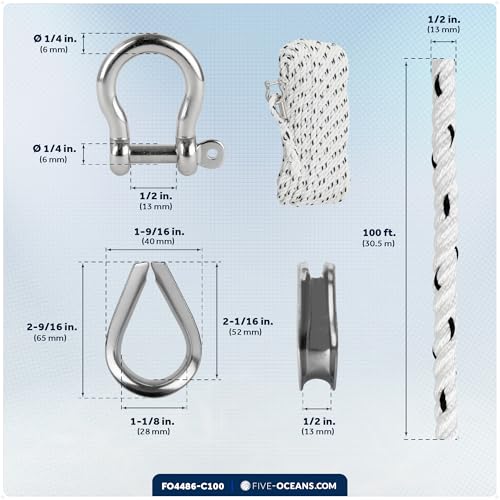 Five Oceans Anchor Line 1/2" x 100', Anchor Rope Line, Marine Premium 3-Strand White Nylon Boat Anchor Rope - Stainless Steel Thimble and Shackle, Ideal for Mooring Anchoring Towing - FO4486-C100 - style: 1/2 inch x 100 ft