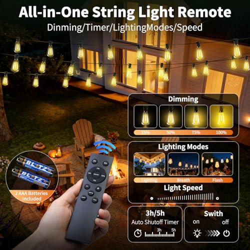 Solar Lights Outdoor 33FT, Dimmable Remote Control Patio Lights | Waterproof Solar Light with 11 ST38 Shatterproof Bulbs, Solar Powered & USB Charging, 3 Light Modes, Camping Backyard Garden - size: 10M-33FT