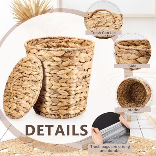 Ctosree 2 Pcs Wicker Trash Can Basket Woven Waste Basket with Lid Bathroom Wastebasket Garbage Bin with 100 Pieces of Trash Bags for Bedroom Farmhouse Home Office Kitchen(Medium) - color: Brown, size: Medium