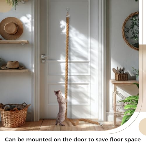 Weysat 2'' x 8.9 ft Cat Climbing Rope with Hook, Natural Jute Rope for Ceiling and Wall Mounted, Space Saving Kitten Scratching Post Toy for Indoor Outdoor - size: 2'' x 8.9 ft