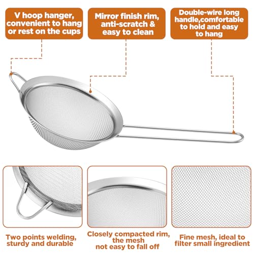 9 Packs 8.8 x 3.9 Inches Stainless Steel Fine Mesh Strainer Small Cocktail & Tea Strainer with Handle for Coffee, Juice, Powdered Sugar