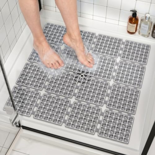 HITSLAM Shower Mat Anti Slip, 24x24 Inch Cut to Fit No Odor Soft TPE Shower Stall Mat, Square Bath Mat with Suction Cups and Drain Holes, Soft on Feet, Dark Grey - color: Dark Grey
