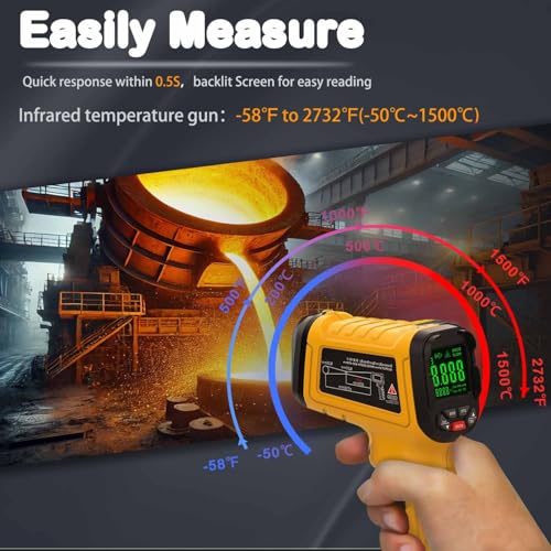 Infrared Thermometer Temperature Gun, 2732°F, 50:1 | Pyrometer High Temp Measurement Tool for Industrial Furnace Kiln Foundry Metal Casting Welding HVAC - color: -58°F to 2732°F