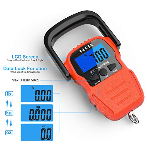 HEETA Fish Scale Digital Fishing Luggage Weight Scale with Measuring Tape | Up 110lb/50kg Portable Hanging Scale with Backlit LCD Display for Home Farm Outdoor Hunting Fishing, 2 AAA Batteries Included - color: Orange