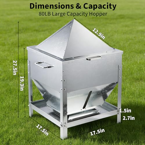 Automatic Chicken Feeder, 80lb Large Capacity Chicken Feeder, No Waste Gravity Poultry Feeder with Legs and Rain Proof Lid, Metal Outdoor Poultry Feeders for Hens, Ducks, Roosters, Free-Range Coops