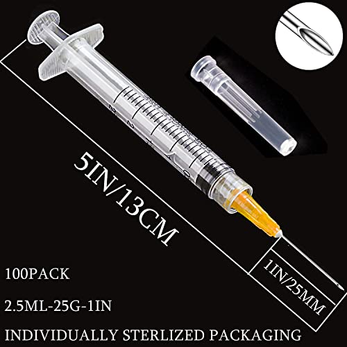 100 Pack 2ml (2.5ml) Plastic Luer Lock Syringa with 25Ga and Cap, Individually Sealed Wrapped, for Scientific Labs, Measuring Liquid, Refilling Cartridges or Glue Applicator - style: 100 Pack-2.5ml 25gauge