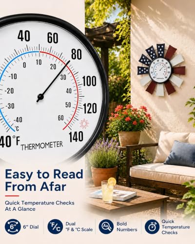 Patriotic Windmill Outdoor Thermometer, 13" Metal Wall Decor | 6.3" Easy-Read Dial, Auto-Calibrating Sensor Coil, Battery-Free Operation, -40°F to 140°F Range, Weather-Resistant