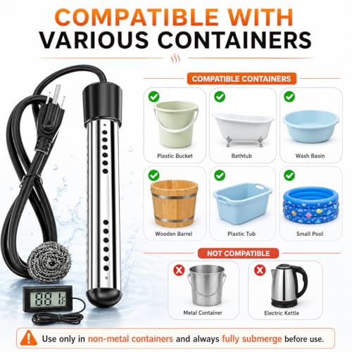2000W Fast Heating Immersion Water Heater | Submersible Bucket Heater with 304 SS & Digital Thermometer, Safe & Compact Design for Tubs,Inflatable Pool & Farm