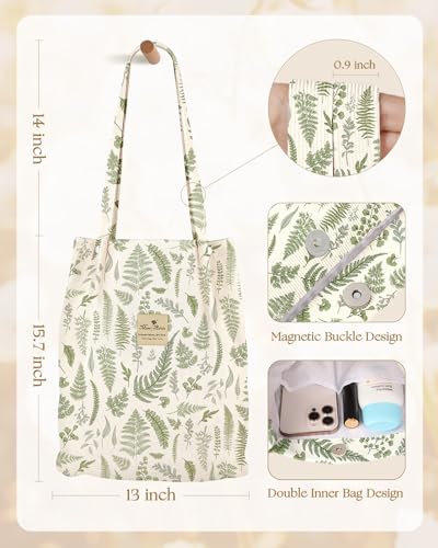 Miss Adola Corduroy Tote Bag for Women with Aesthetic Design | Magnetic Buckle & Pocket, Reusable, Soft, Roomy, Long Shoulder Handles, Double-sided Print, Casual Daily Work, Grocery Bags - color: Leaf Collection, size: Large