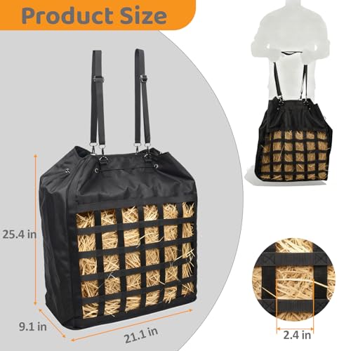 Extra-Large 25×21×9 in Slow-Slow Feed Hay Bag with Drawstring Closure & Rope-Head Pocket – Heavy-Duty Oxford Fabric Horse, Donkey & Goat Hay Feeder – Prevents Waste & Enhances Safety