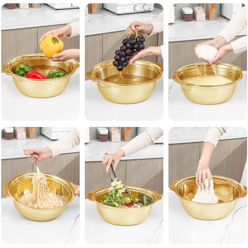 Paoli 304 Stainless Steel Fine Mesh Colander Set, 2QT Large Capacity Strainer with Mixing Bowl — Rinse Fruits, Veggies, Rice & Drain Pasta, Dishwasher Safe (2-Piece Gold) - color: Gold with handle, size: 2qt