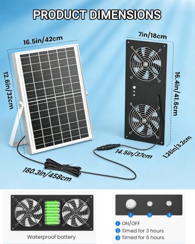 Solar Powered 2 Fan with 18000mAh Battery & Timer for Chicken Coop | Small Solar Exhaust Fan, 40W Quiet, Waterproof, High Airflow for Outdoor, Greenhouse, Sheds,Pet Houses Ventilation Equipment - size: 16 inches