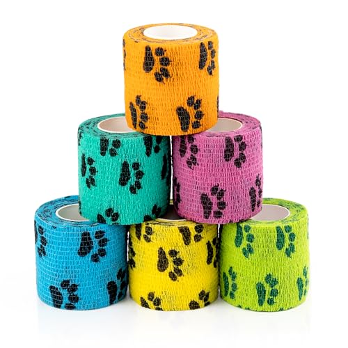 Vet Wrap Cohesive Bandages, Self-Adhesive Bandage Wrap, Breathable Non-Woven Self Adherent Tape for Pet Dog Leg Paw Wound, Horse, Cat, First Aid & Ankle Sprain, 2 Inch (6 Rolls) - color: Paw Prints