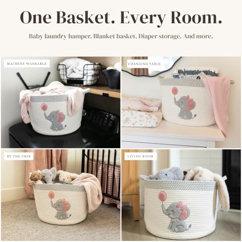 Elephant Baby Storage Basket for Girls, Cotton Rope Nursery Bin, 15x11 in | Stuffed Animal and Blanket Storage, Soft Felt Elephant Patch, Pink Baby Room Decor, Shower Gift, Kids Playroom Organizer - color: Girl Elephant